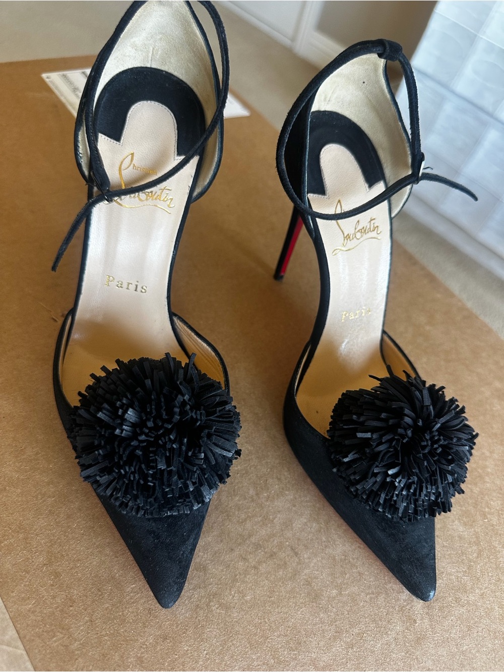 Christian Louboutin Black Suede Pointed Toe Pom-Pom Ankle-Tie Heels